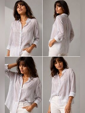 Vince White Blouse with Navy Pinstripes